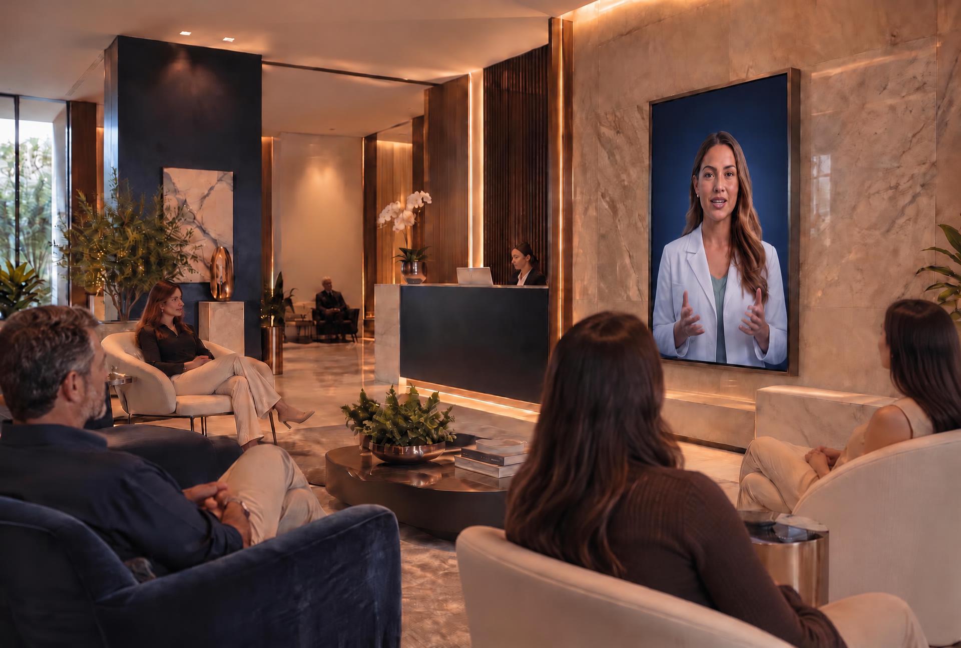 Sala de espera de clínica premium com tela vertical integrada exibindo conteúdo médico